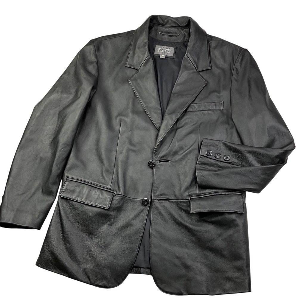 Wilsons Leather Jacket Blazer 2-Button Heavy Coat Y2K 90s Men Sz M Black Retro